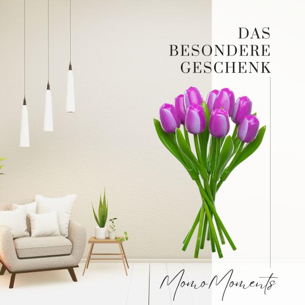 Tulip bouquet made of wood - 9 hand-painted wooden tulips, 34 cm tall, purple/white, wooden flower decoration, made in Holland